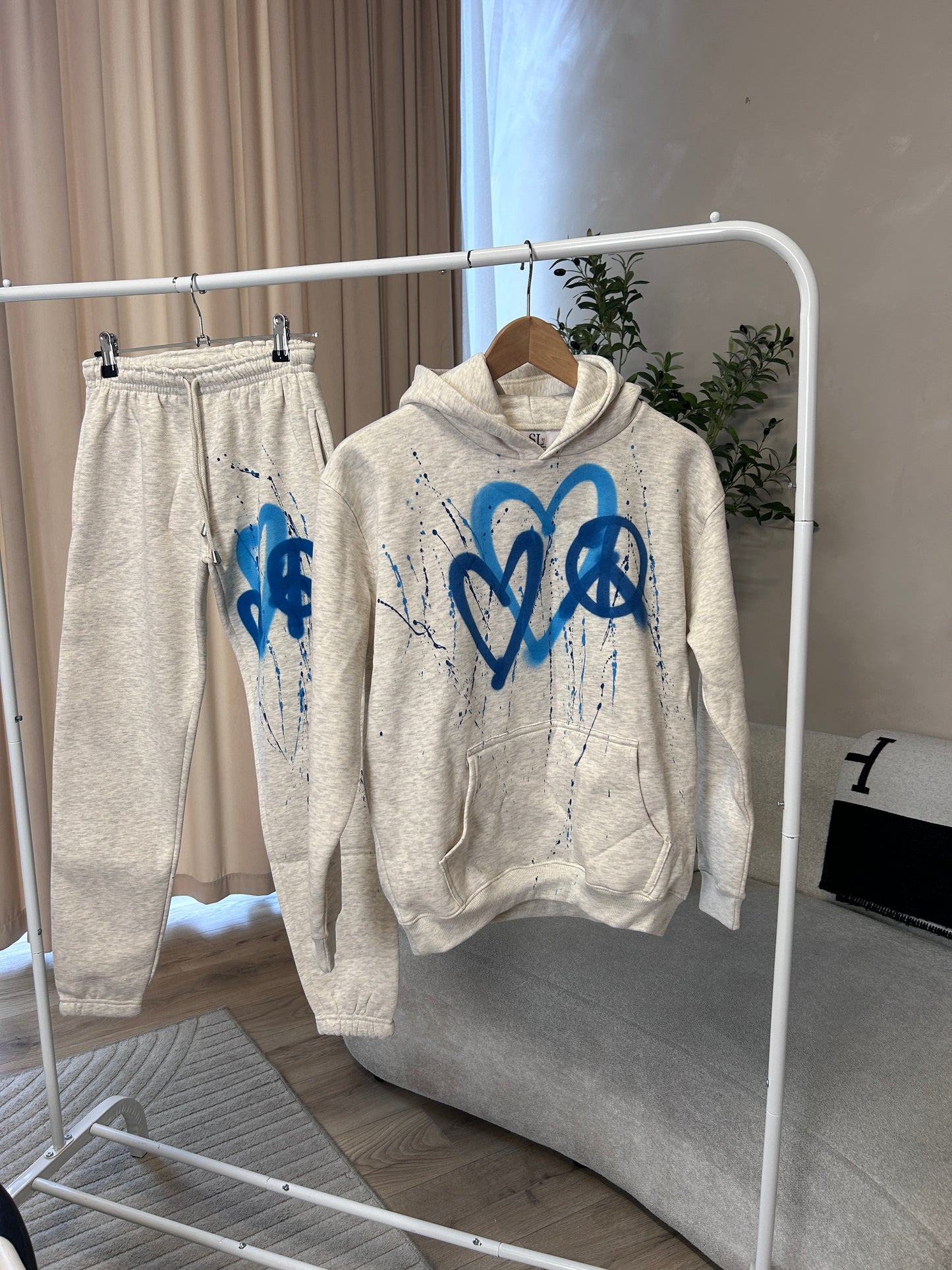 Girls blue spray hearts and peace grey hoodie tracksuit