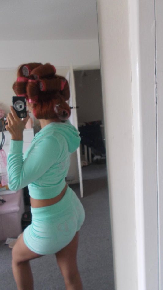 Mint Diamanté Velour Cropped Hoodie and Short Set