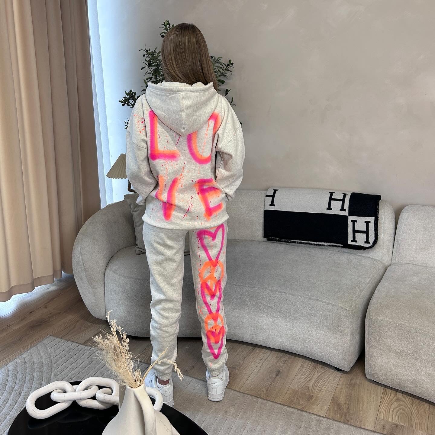 Pink&Orange Hearts and Love Melange Grey Hoodie Set