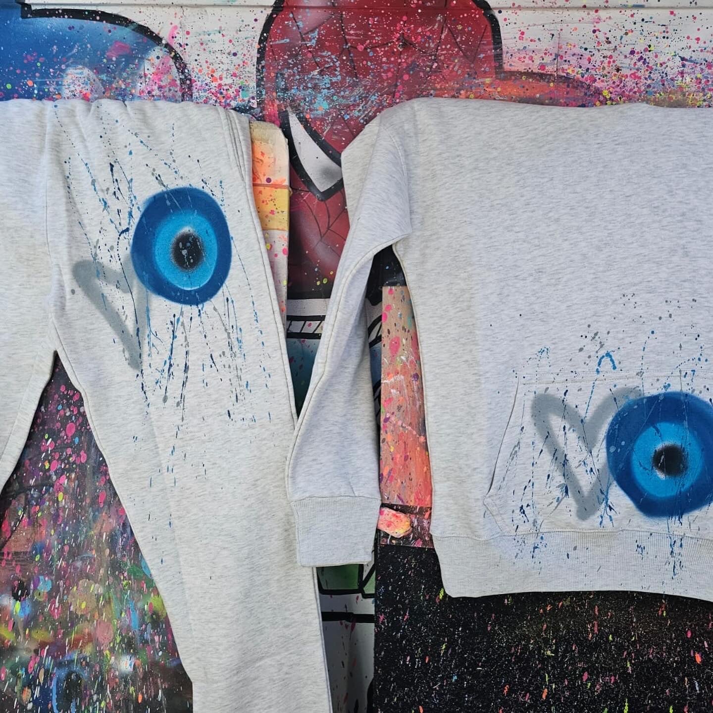 Blue Evil Eye and Grey heart Melange Grey Hoodie and Jogger Set