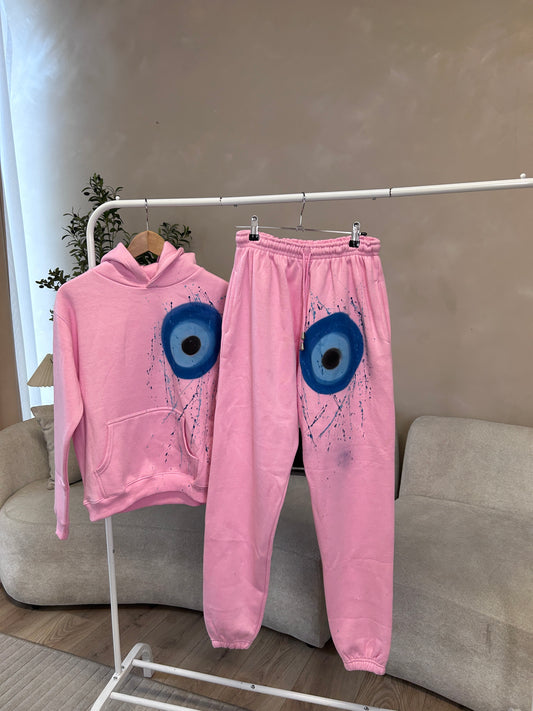 Girls Blue Evil Eye Spray paint Pink Hoodie and Jogger set 🧿🩷