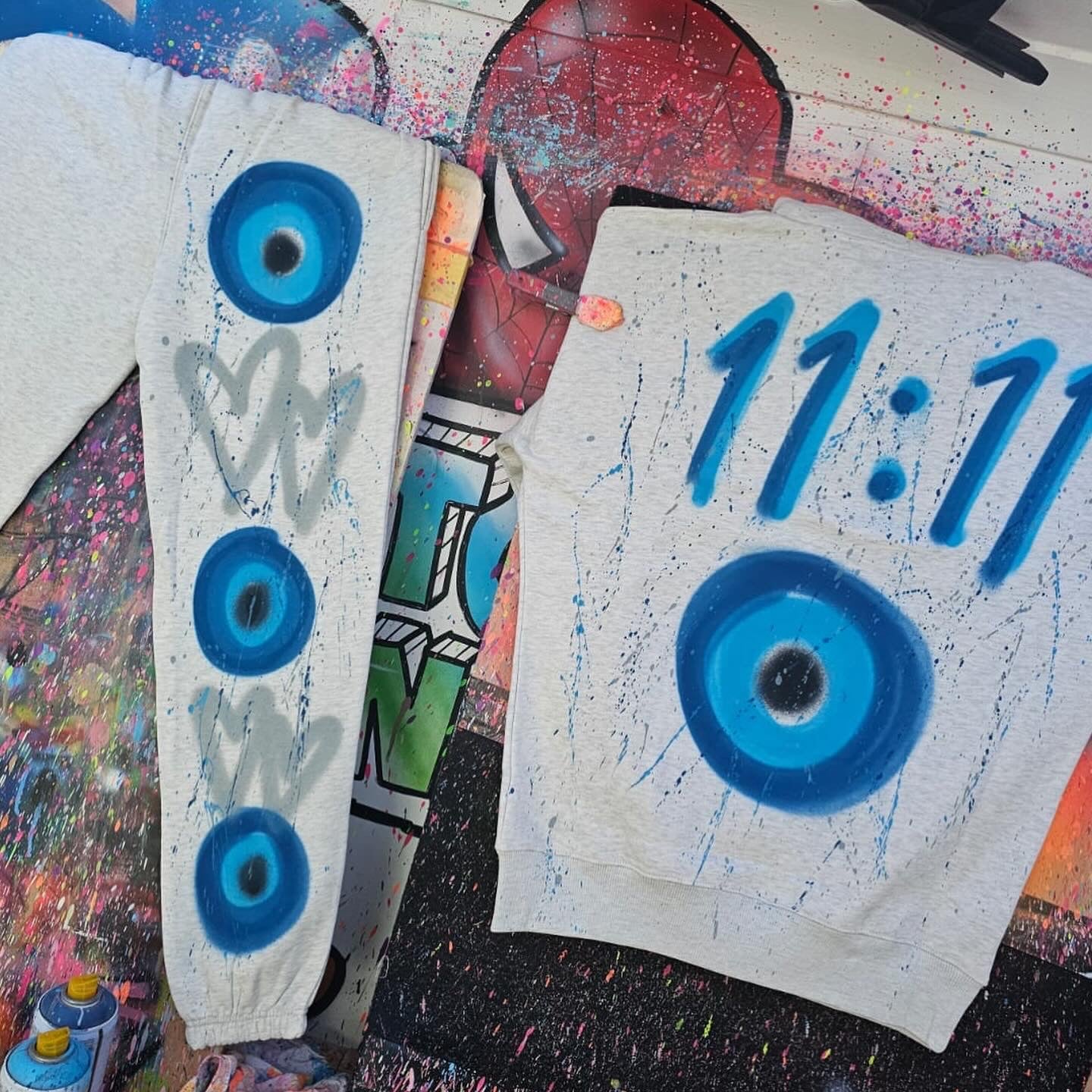Blue Evil Eye and Grey heart Melange Grey Hoodie and Jogger Set