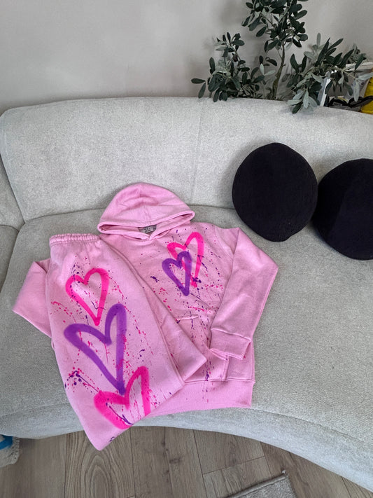 Girls Pink and Purple Spray Hearts Pink Hoodie and Jogger set 🩷