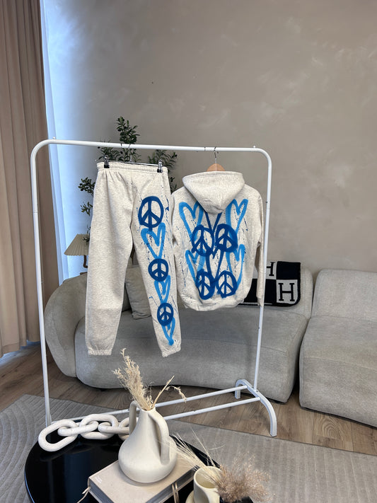 Girls blue spray hearts and peace grey hoodie tracksuit