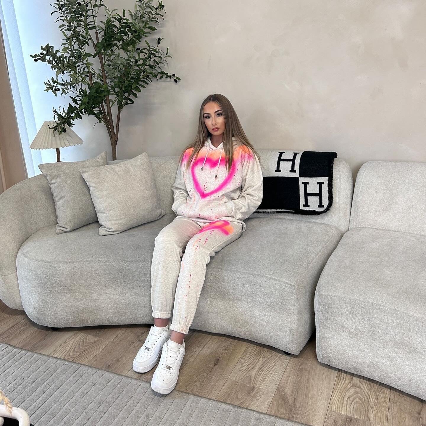 Pink&Orange Hearts and Love Melange Grey Hoodie Set