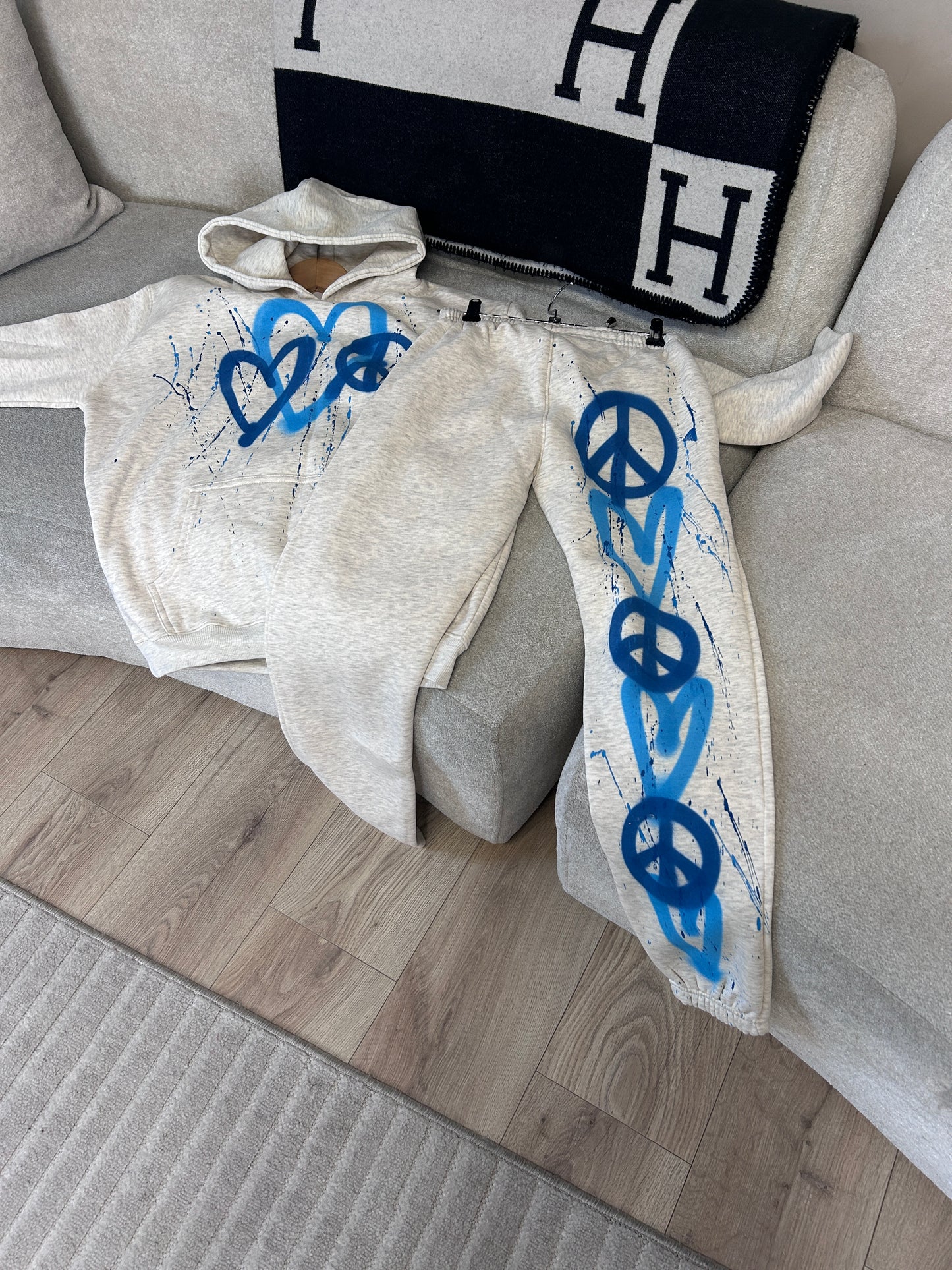 Girls blue spray hearts and peace grey hoodie tracksuit