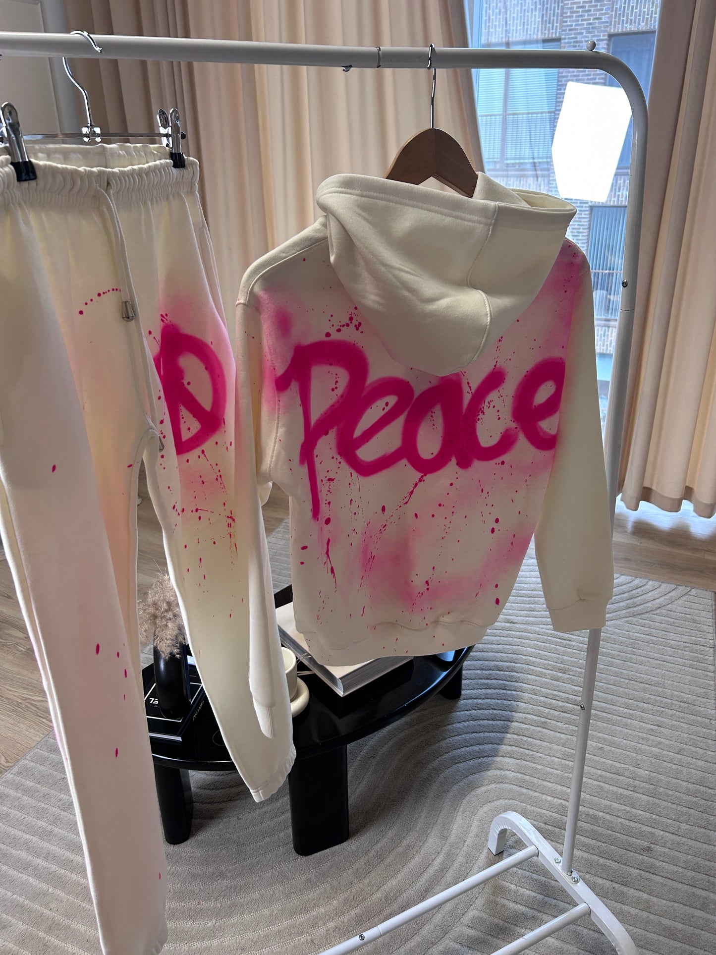 Neon Pink peace and hearts spray paint hoodie and joggers 🩷✨