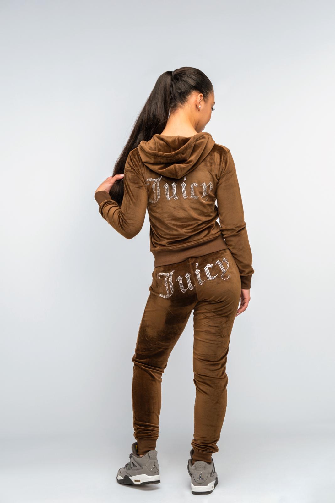 Chocolate Brown Girls Diamanté Velour Loungewear Set