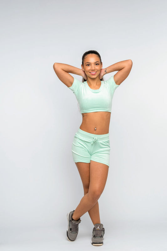 Essential Mint Green Velour Crop T-Shirt & Short Set