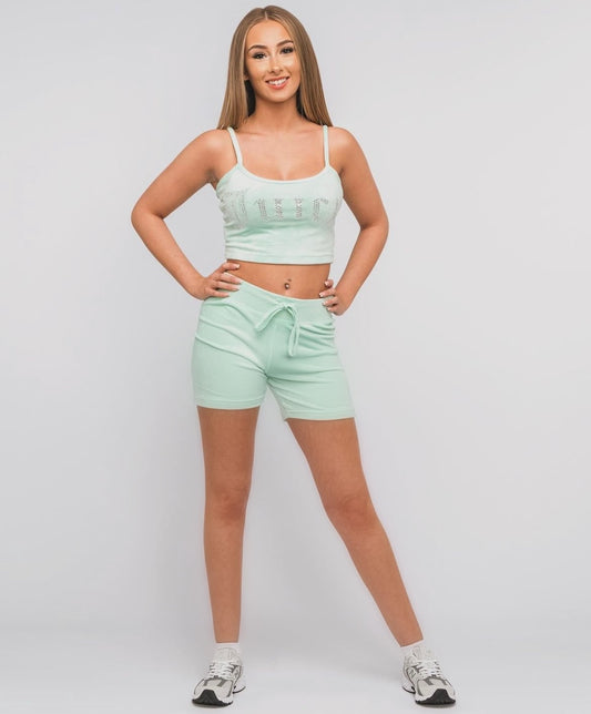 Mint Green Diamante' Velour Cropped Vest & Short Set