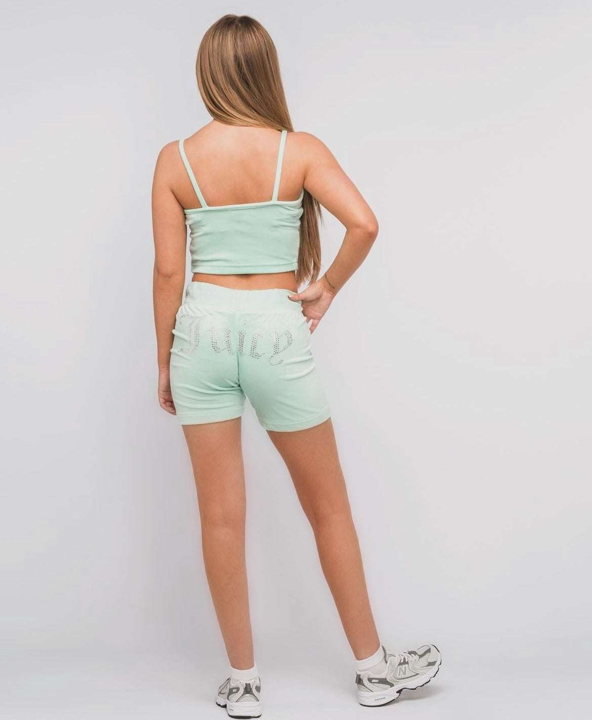 Mint Green Diamante' Velour Cropped Vest & Short Set