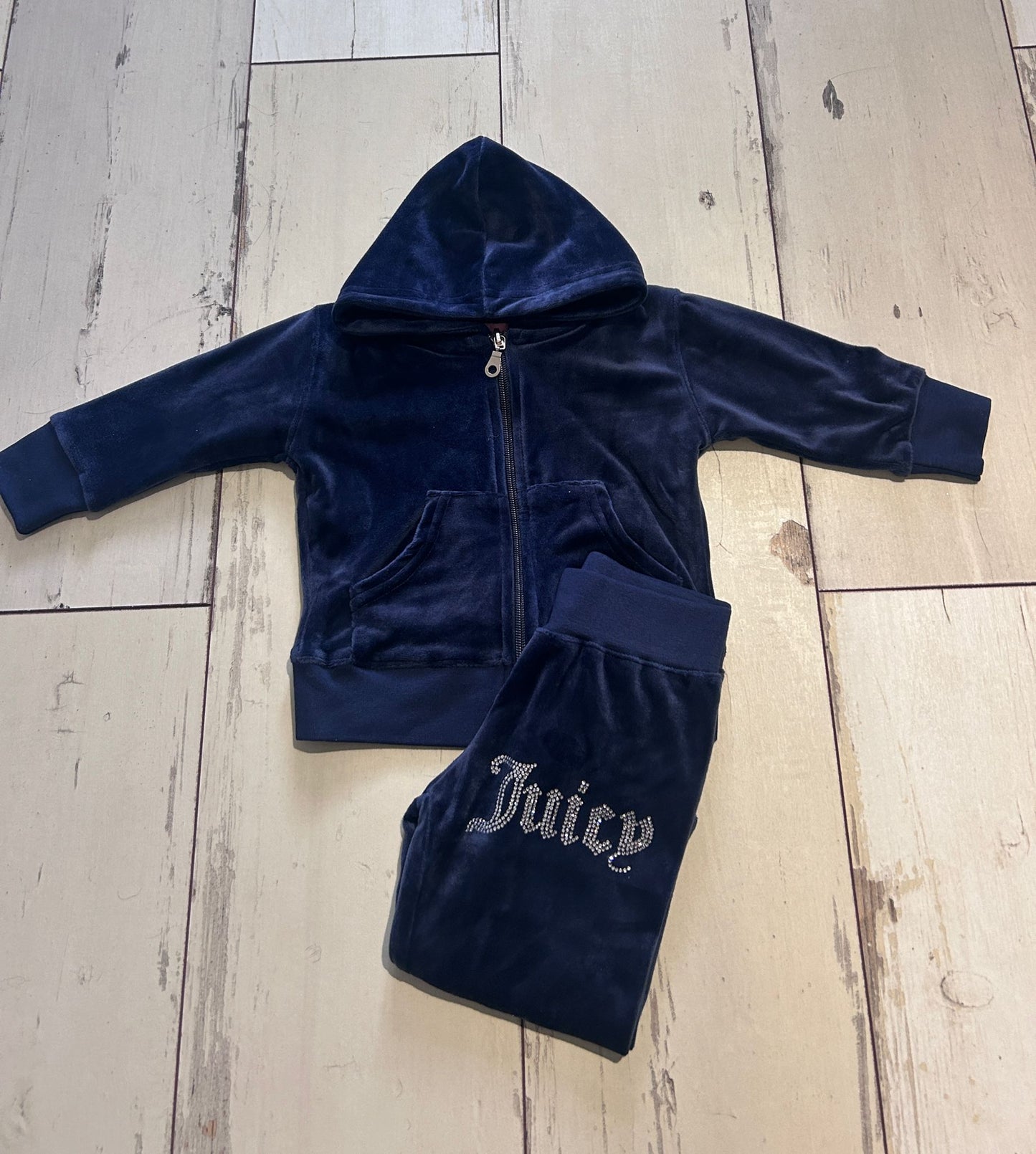 Navy Baby Velour Diamante' Zip Hoodie & Joggers Set