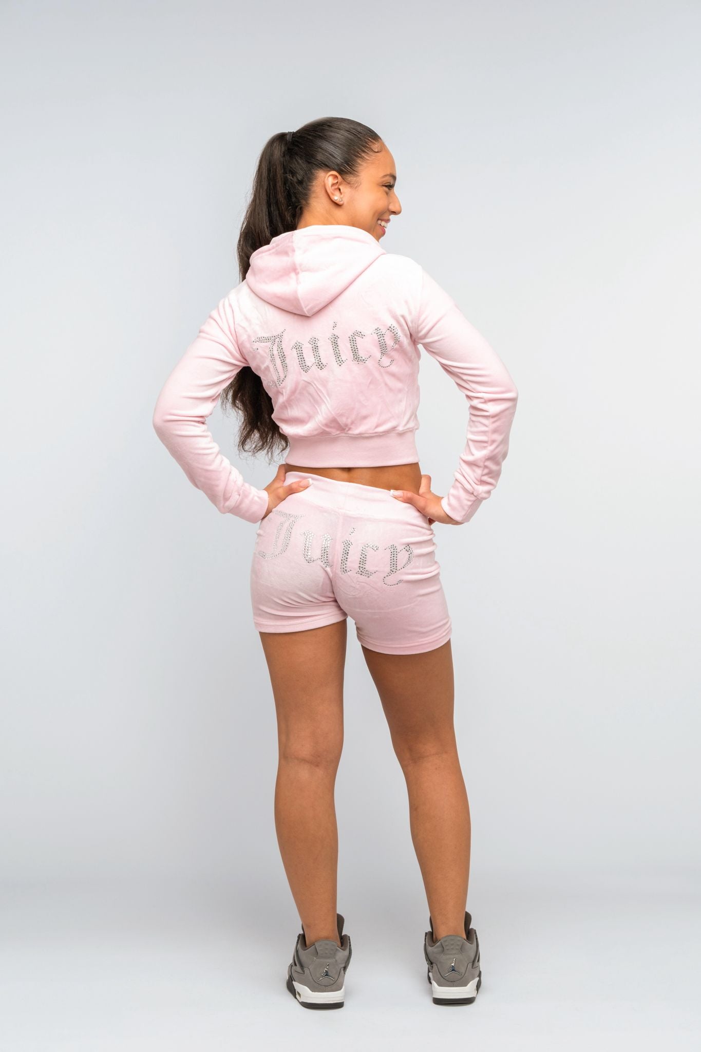 Pink Diamanté Velour Cropped Hoodie & Short Set