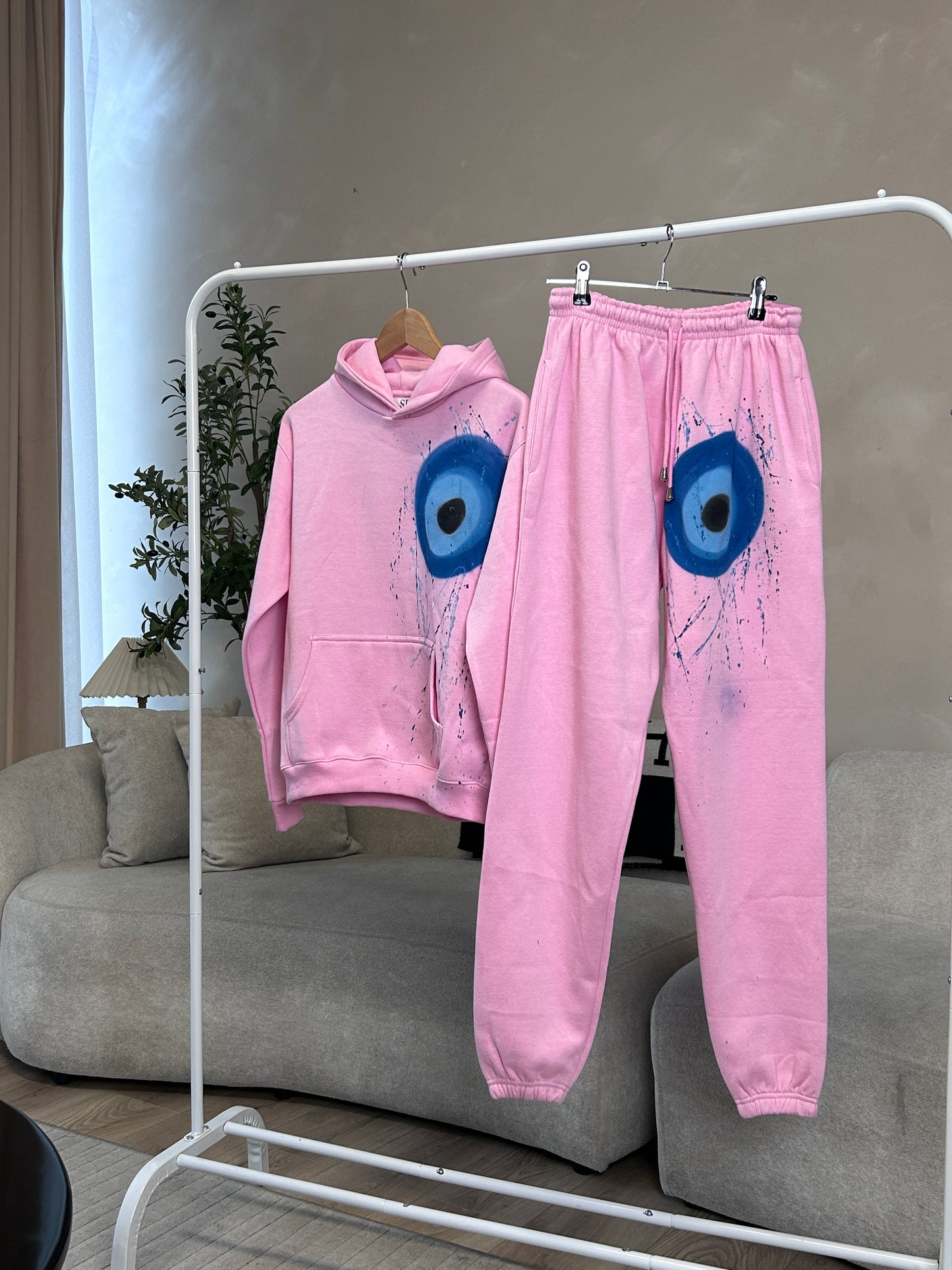 Girls Blue Evil Eye Spray paint Pink Hoodie and Jogger set 🧿🩷
