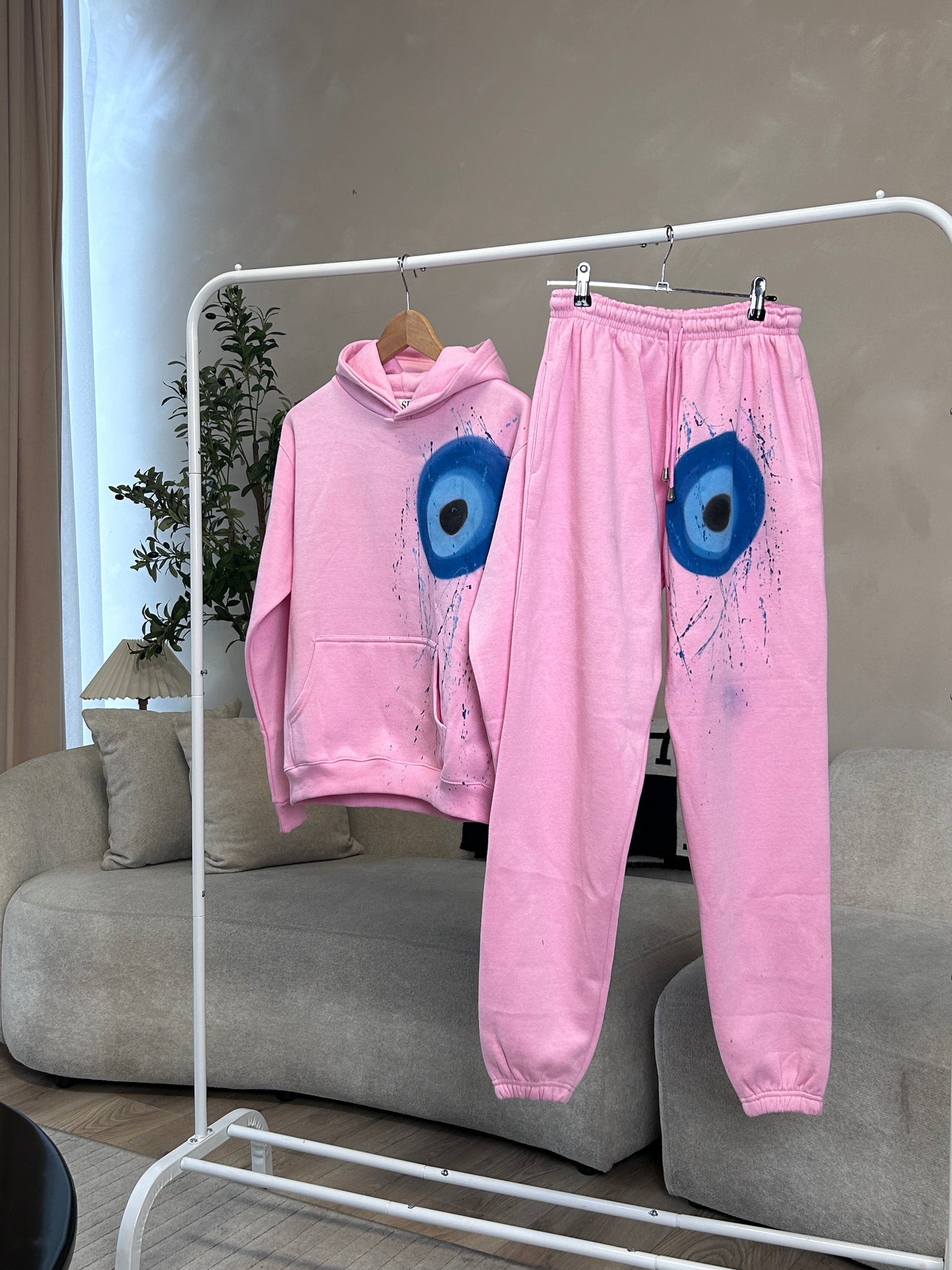 Girls Blue Evil Eye Spray paint Pink Hoodie and Jogger set 🧿🩷