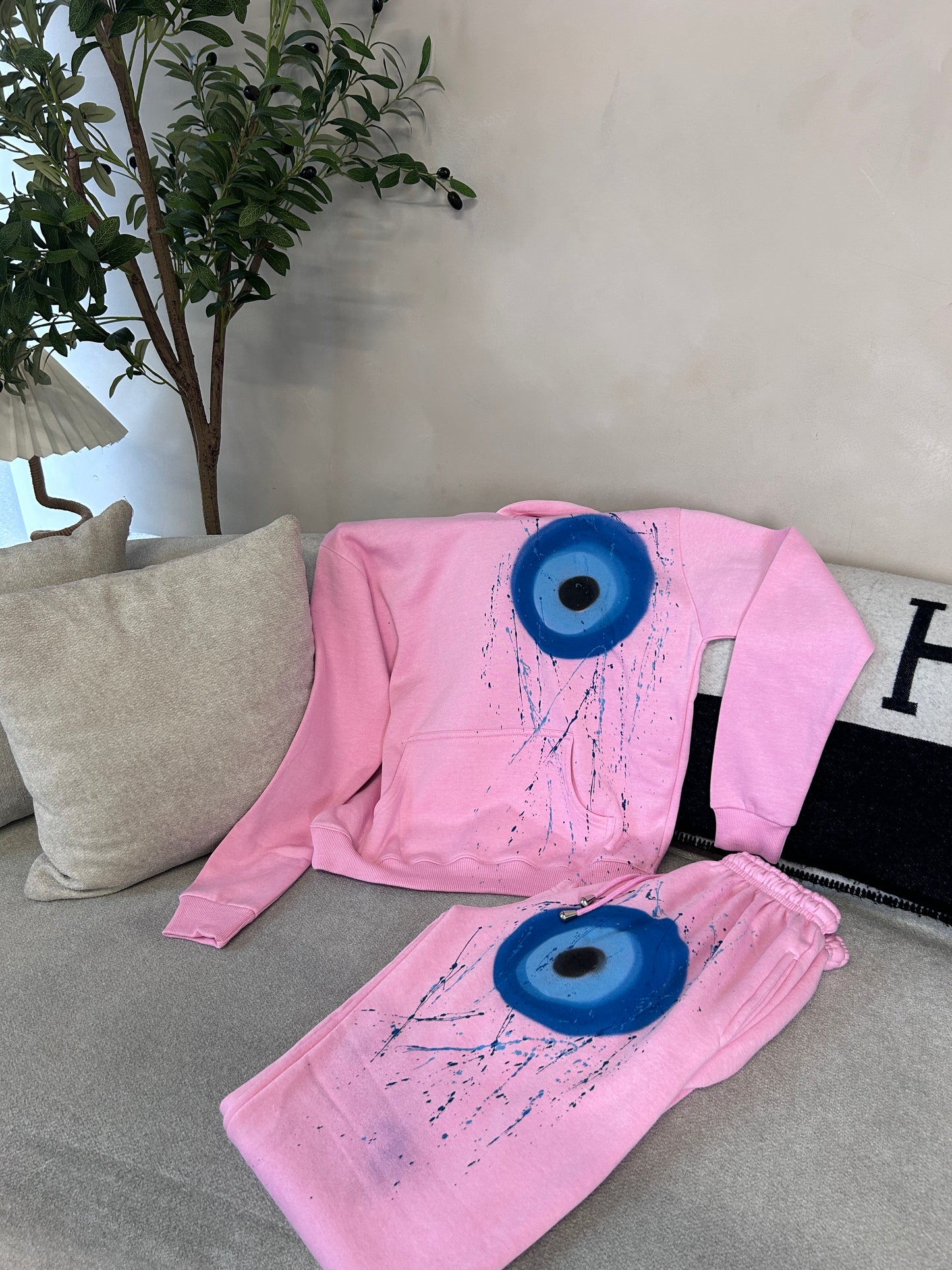 Girls Blue Evil Eye Spray paint Pink Hoodie and Jogger set 🧿🩷