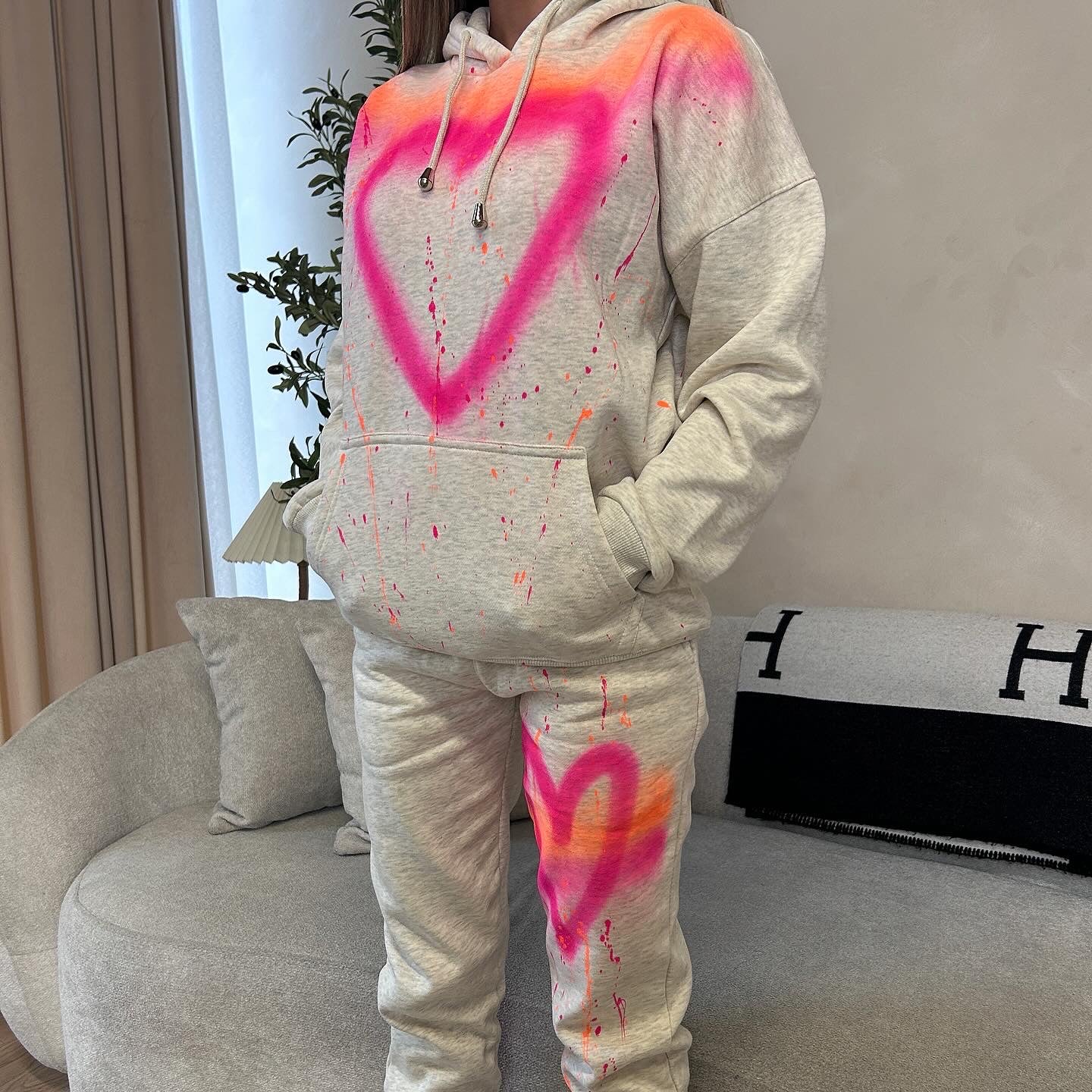 Pink&Orange Hearts and Love Melange Grey Hoodie Set
