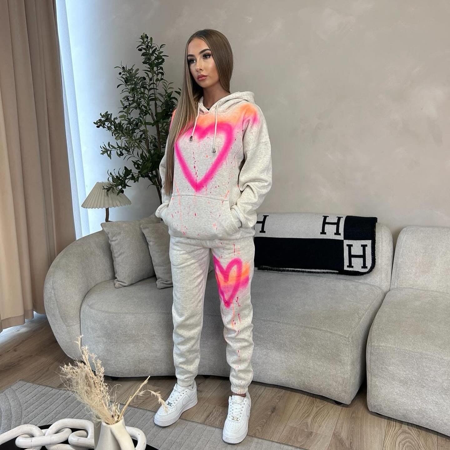Pink&Orange Hearts and Love Melange Grey Hoodie Set