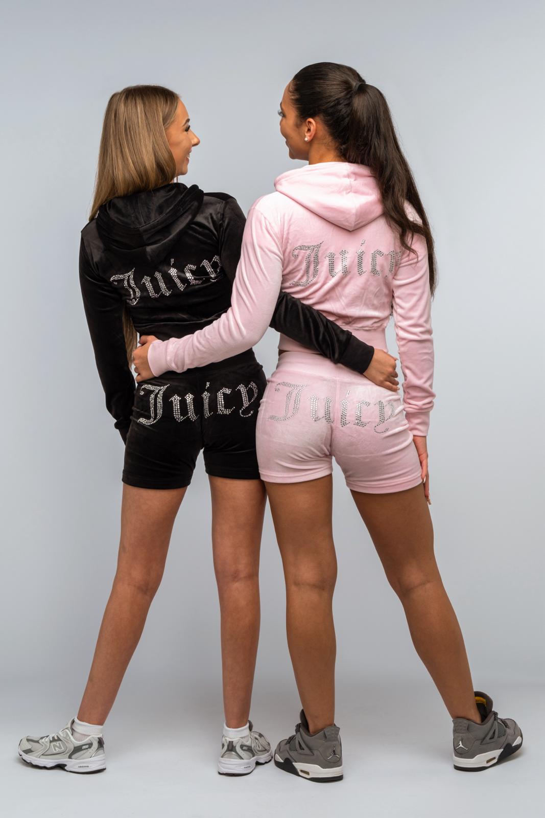 Pink Diamanté Velour Cropped Hoodie & Short Set