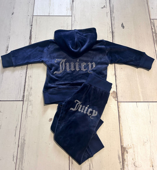 Navy Baby Velour Diamante' Zip Hoodie & Joggers Set