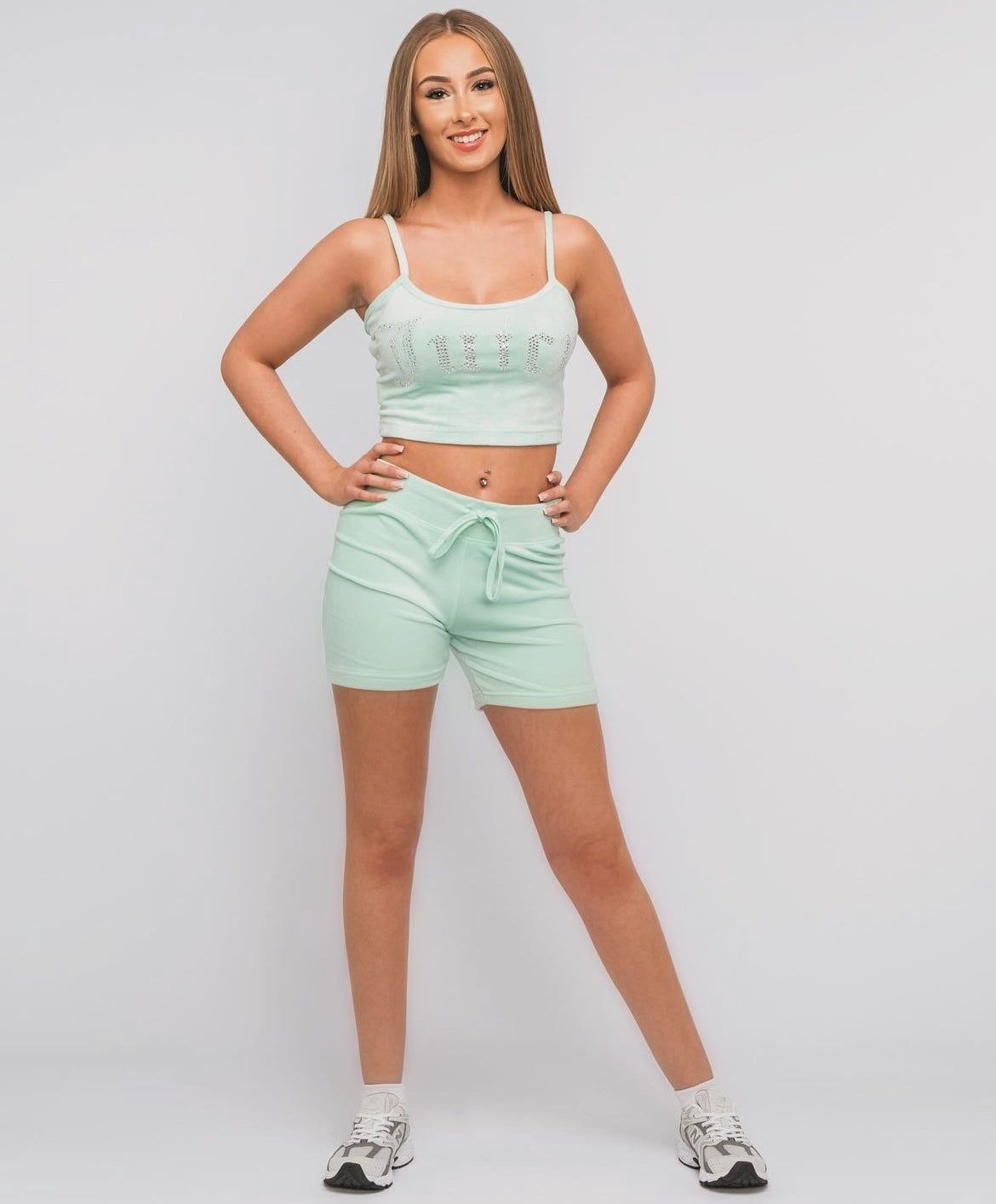 Mint Green Diamante' Velour Cropped Vest & Short Set