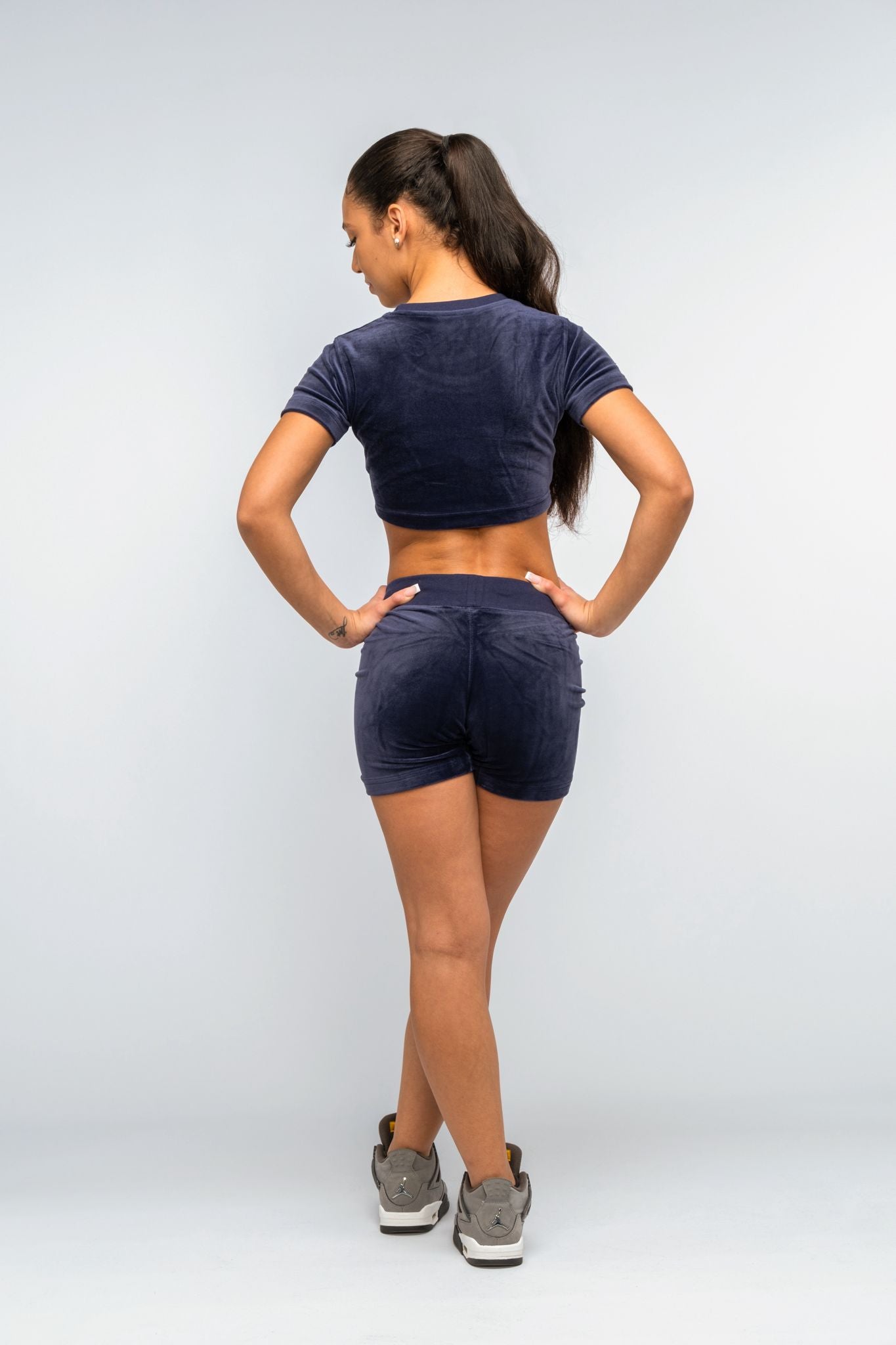 Essential Navy Velour Crop T-Shirt & Short Set
